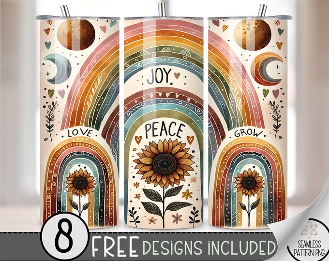 Boho Inspirational 20 oz Tumbler Wrap, Positive Affirmations Sublimation Design, Positive Quotes for Women with Rainbow Moon, Love Grow A188