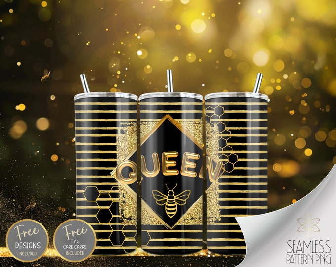 Queen Bee Tumbler Wrap Design, Black Bee sublimation designs, 20 oz skinny Tumbler wrap, Glittery Bee Tumbler, Gold Queen Bee Sublimation