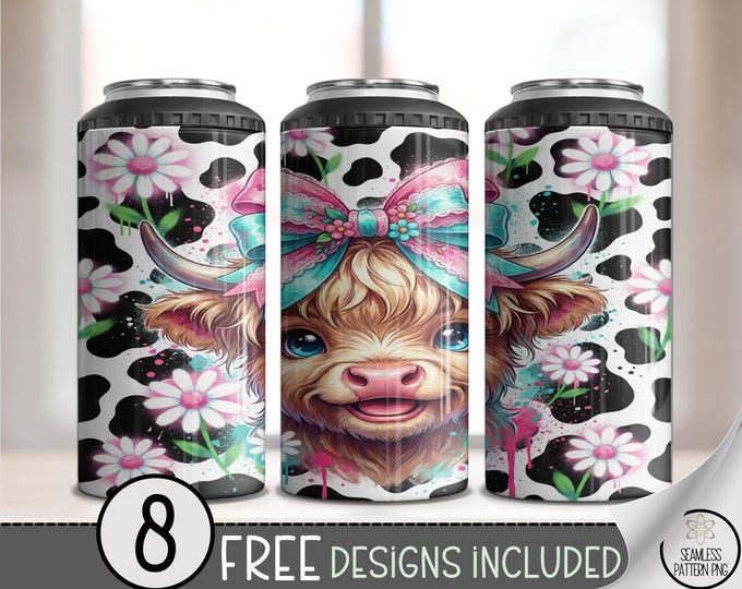 Boujee Cow, 4-in-1 Can Cooler Wrap - Adorable Highland Cow Design Sublimation, Glam Cow, Digital Download, B889