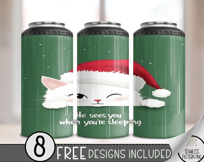 Christmas Cat 4in1 Can Cooler Wrap, Winter Sublimation Design, Xmas 16 Oz Slim, Holiday 4 in 1 Tumbler Png, Kitten 16 Oz Can Cooler File