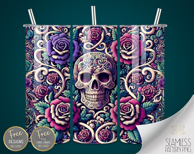 Embroidered Skull Tumbler Wrap, 20oz Straight Sublimation Tumbler Design, 3D Sublimation Design Embroidery Mandala Tumbler PNG Download