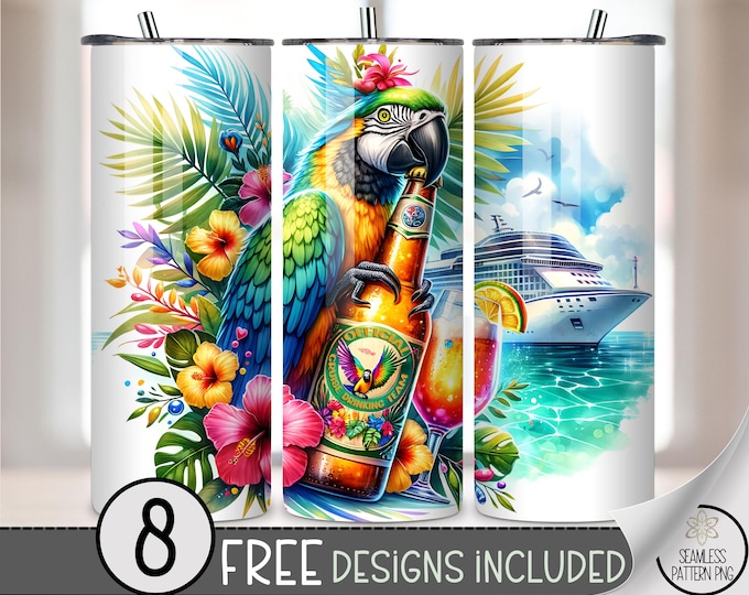 Tropical Cruise Parrot 20 oz Tumbler Wrap, Vibrant Beach, Ocean Beverage PNG, Exotic Drinkware Design, Cruise Vacation Theme Printable A607