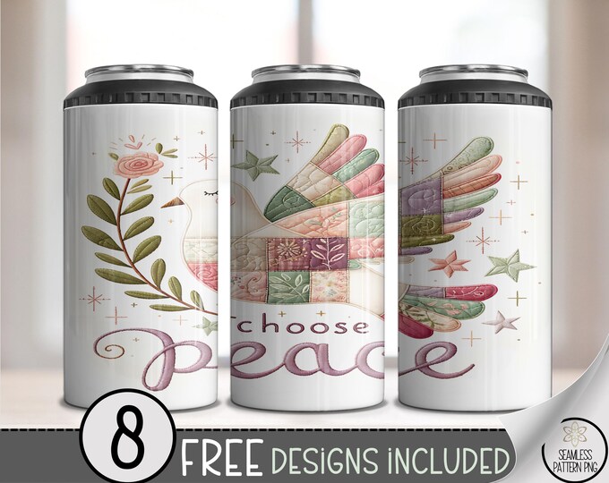 Choose Peace 4in1 Can Cooler Wrap, Patchwork Dove Sublimation Design, Faux Quilted Bird with Flowers 16 oz 4-in-1 File A660