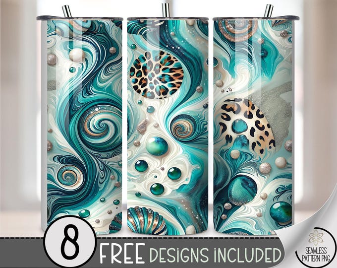 Seamless Teal 20 oz Tumbler Wrap, Abstract Swirls with Leopard Print Digital Download Sublimation Design for Skinny Tumblers, A572