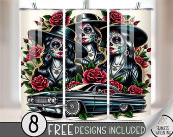 LA Chicano Girl Cholo 20oz Tumbler Wrap, Chicano Style Lowrider Girl Sublimation Design PNG, LA Sugar Skull 20Oz Skinny Tumbler File