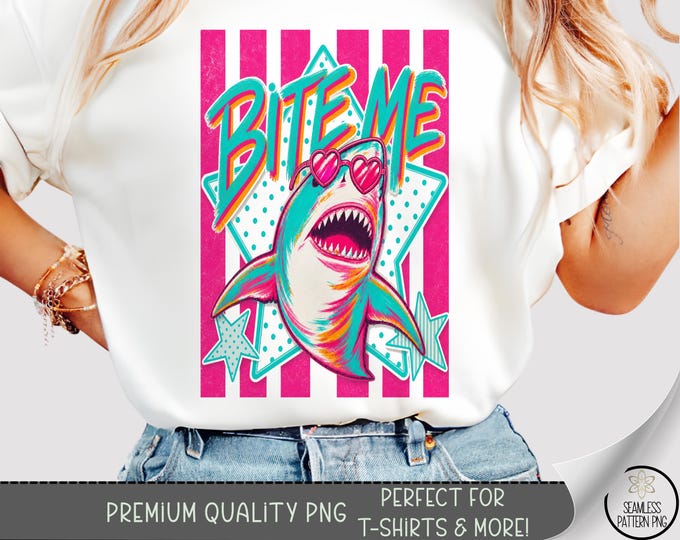 Sassy Shark T-shirt PNG, Shark Sublimation Design, Retro Neon 80s TShirt File, Digital Download, B10271