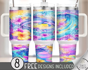 40oz Dolphin Tumbler Wrap, Coast Ocean 40 Ounce Sublimation Template, 40 oz Tropical Summer Beach Floral 40oz Quencher Tumbler PNG, A136