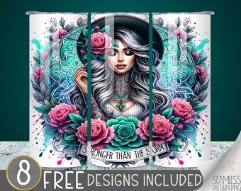 Stronger Than The Storm Tumbler Wrap, Boho Girl 20 oz Skinny Sublimation PNG Design, Neon Mandala Tumbler Wrap, Tattooed Girl Tumbler Wrap