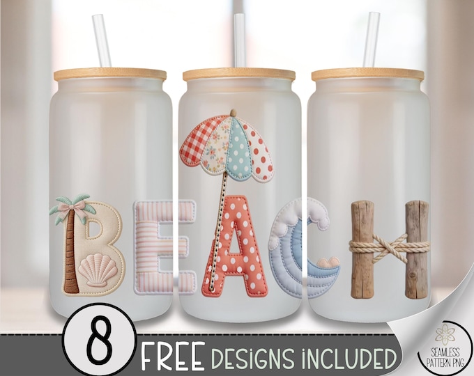 Beach Glass Can Wrap, Coastal 16oz Glass Tumbler Sublimation Design, Nautical PNG File, Digital Download, B10160