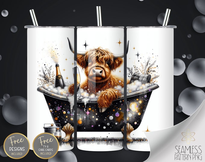 Champagne Highland Cow, 20 oz Straight Tumbler Wrap Sublimation, Bubble Bath Tumbler Design Files, Cute Highland Cow Instant Download PNG