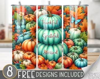 Thankful Grateful Blessed Tumbler Wrap, Butterflies Pumpkin Sublimation Tumbler Wrap, Floral Autumn Design, Fall Thanksgiving Sublimation