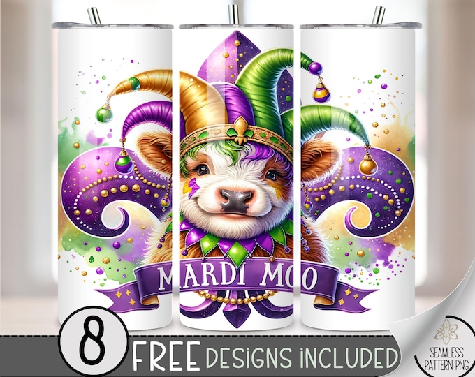 Highland Cow Mardi Gras Tumbler Wrap, Carnival Sublimation Design PNG, Fleur De Lis 20Oz Skinny Tumbler File, Festival Tumbler PNG