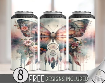Boho Dreamcatcher Butterfly Floral 4in1 Can Cooler Wrap,Sunset Lake 4 in 1 Tumbler PNG,Seamless Ethereal 16 Oz Can Cooler Sublimation Design