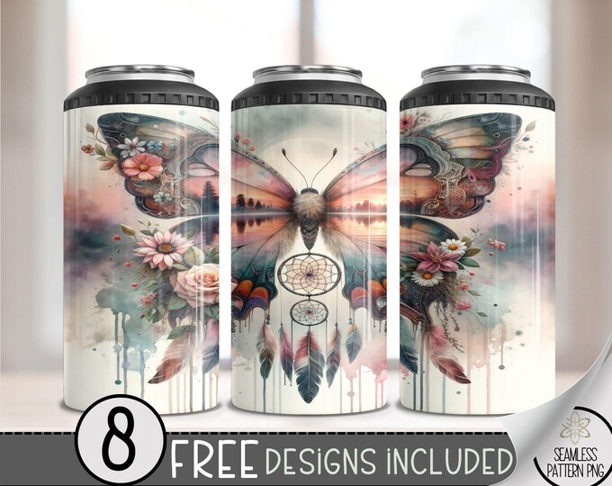 Boho Dreamcatcher Butterfly Floral 4in1 Can Cooler Wrap,Sunset Lake 4 in 1 Tumbler PNG,Seamless Ethereal 16 Oz Can Cooler Sublimation Design