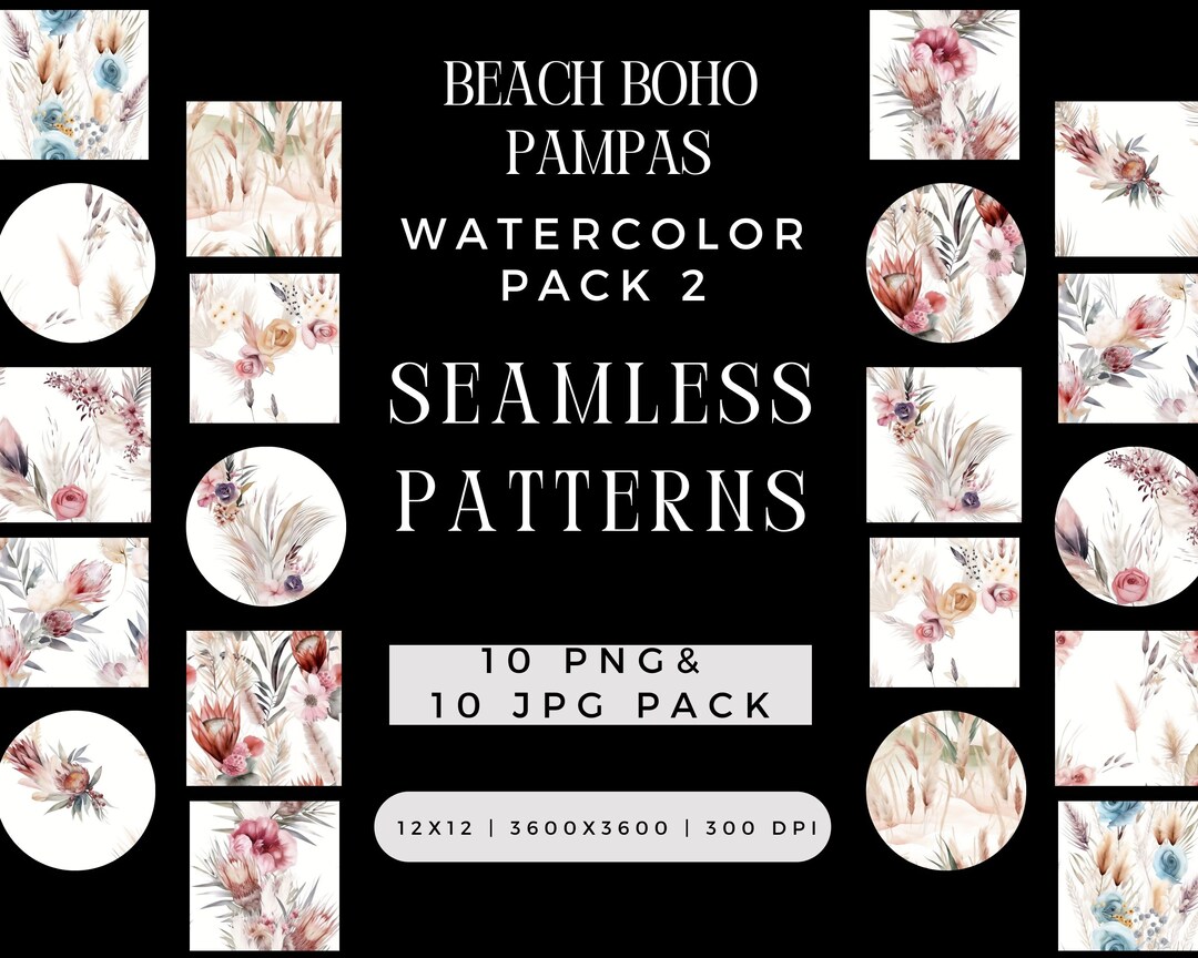 Beach Boho Pampas Seamless Pattern PNG JPG Bundle, Sublimation King ...
