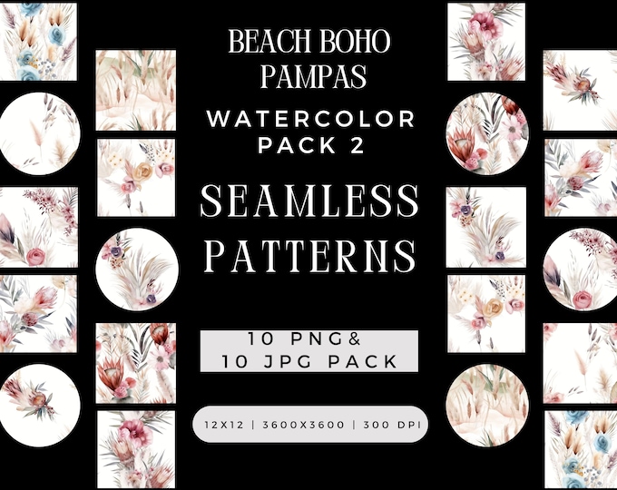 Beach Boho Pampas Seamless Pattern PNG JPG Bundle, Sublimation King Protea Burgundy Blousy Rose Colorful Repeating File, Commercial Use