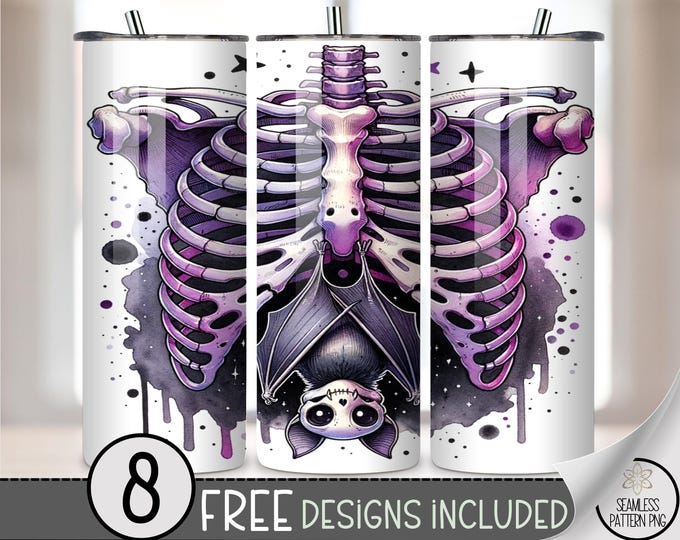 20oz Skeleton Bat Tumbler Wrap, Purple Ribcage PNG, Pastel Goth Sublimation Design, Spooky Cute Halloween Skinny Wrap, A384