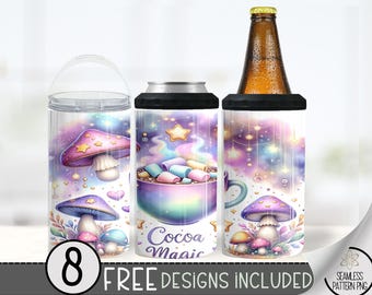 Hot Chocolate 4 In 1 Can Cooler Tumbler Wrap, Magic Mushroom Sublimation File,Marshmallow 16 Oz Can Cooler Sublimation Design,Digital Cocoa