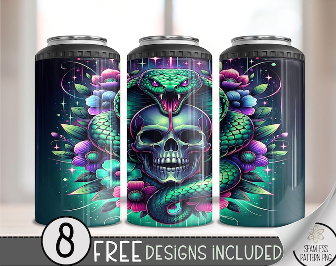 Gothic Skull And Floral 4 in 1 Can Cooler Wrap, Flower Snake 4in1 Tumbler PNG, Snake Skull 16 Oz Can Cooler Sublimation Design, Digital File