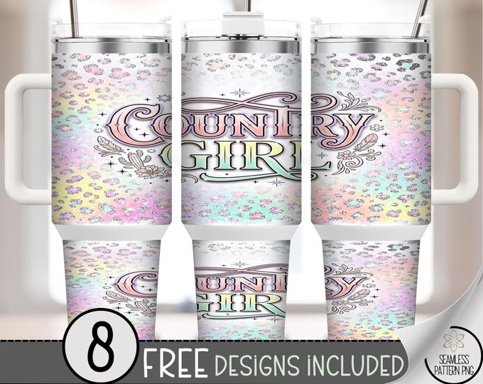 Country Girl 40 oz Tumbler Wrap, Leopard Print Sublimation Design, Pastel Glitter PNG, Digital Download, B10471