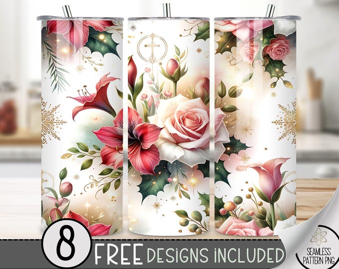 Christmas Tumbler Wrap PNG, Xmas 20 Oz Skinny Tumbler Design, Religious Sublimation Png, Floral 20Oz Skinny Tumbler,Holiday Digital Download