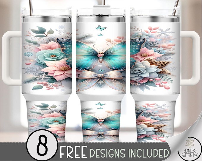 Teal Butterfly 40 oz Tumbler Wrap PNG, Digital Download, Sublimation Design, Floral Bow Coquette, A751