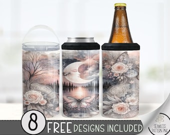 Boho Floral Can Cooler Wrap, Ethereal 16 oz 4-in-1 Cooler Sublimation, Sun & Moon Design, Celestial Can Wrap, Pastel Nature Wrap,Gothic Moth