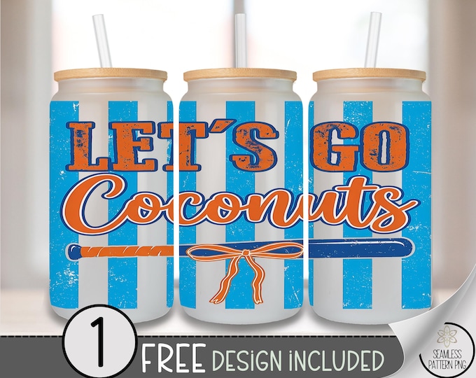 Let's Go Coconuts Glass Can Wrap, Retro 16oz Tumbler Sublimation Design PNG File, Digital Download, B10214