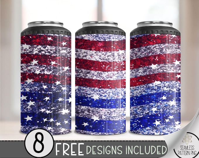4th of July Glitter Stars Can Cooler Wrap PNG, Red White Blue 16 oz 4-in-1 Skinny Sublimation, Patriotic USA Flag Tumbler Wrap Design A265