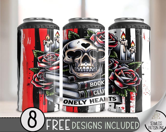 Lonely Hearts Book Club 4 in 1 Can Cooler Wrap, Gothic Romance Book Design Sublimation Design, Morally Grey 16 Oz Can Cooler Design File