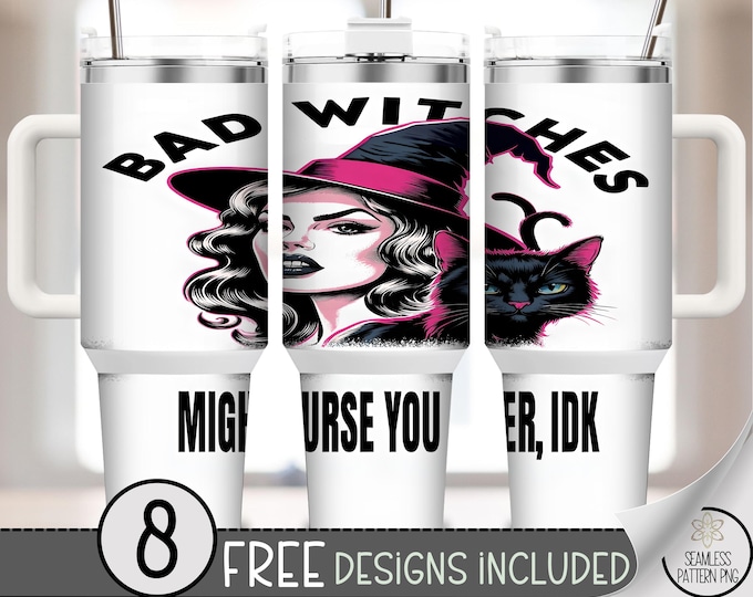 Vintage Witch and Cat Tumbler Wrap, Halloween Sublimation Design, Bad Witch Funny File, 40 oz Tumbler, Spooky Digital Download A431
