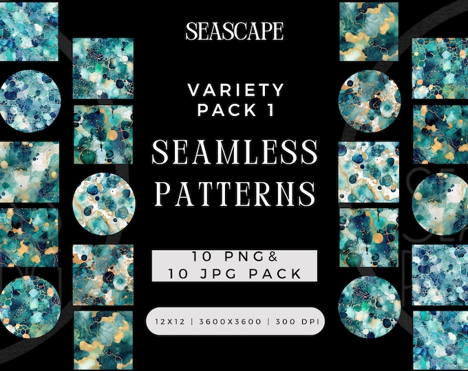 Digital Watercolor Seascape Seamless Pattern PNG JPG Bundle, Summer Shore Coast Craft Sublimation File, Gold Repeating Pack Commercial