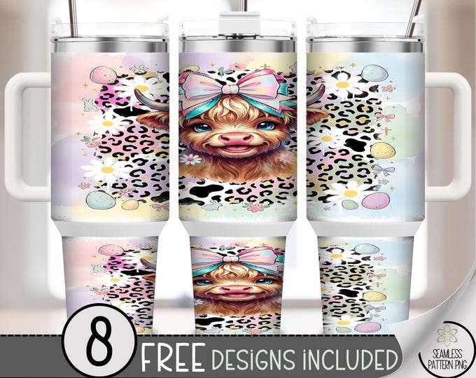 Coquette Cow PNG, Easter Cow, 40 Oz Tumbler Wrap, Cute Pastel Sublimation Design, B10011