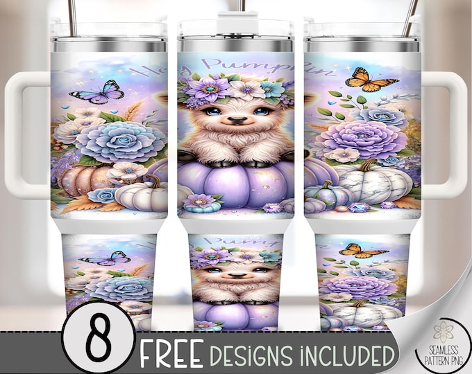 Adorable Highland Cow 40 oz Tumbler Wrap, Floral Fall Sublimation Design, Cute Pastel PNG, B10313