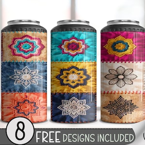 May include: Three insulated can coolers with a patchwork design. Each cooler features a different color scheme with embroidered floral patterns. The text "8 FREE DESIGNS INCLUDED" is at the bottom.