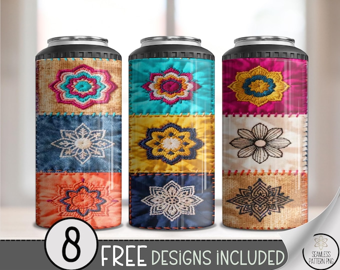 Patchwork Mandala 4-In-1 Can Cooler Wrap, Boho Chic Design, Sublimation Print For Summer Gatherings PNG, B857