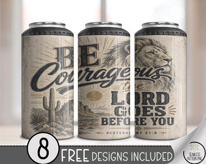 Christian 4-in-1 Can Cooler Wrap, Bold Scripture Lion Sublimation Design, Vintage 16 oz File, B10302