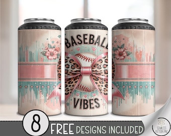 Baseball Vibes 4-in-1 Can Cooler PNG, Pink Teal Leopard Bow with Ball, Cute Game Day Sublimation Wrap for Sports Fans, A310