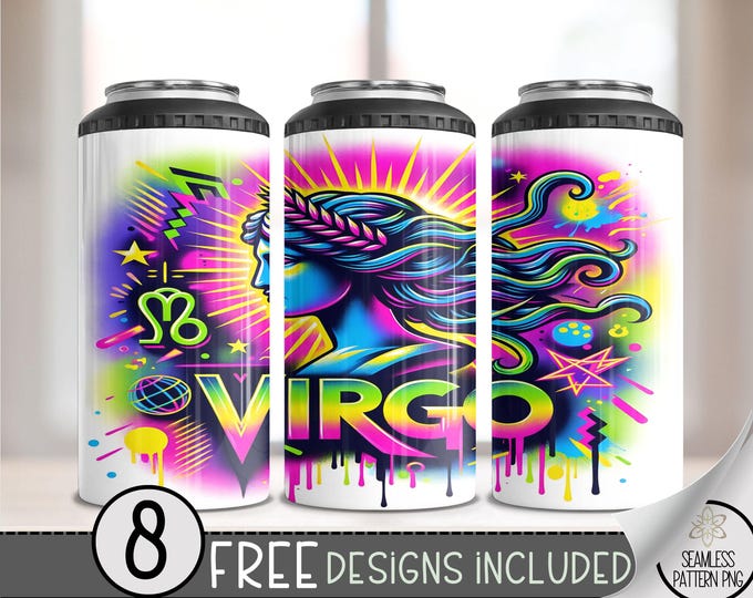 Airbrushed Zodiac 4 in 1 Can Cooler Wrap,Neon Virgo 16 Oz 4in1 Tumbler Sublimation Design Astrology Sign, Zodiac Signs Can Wrap PNG Download