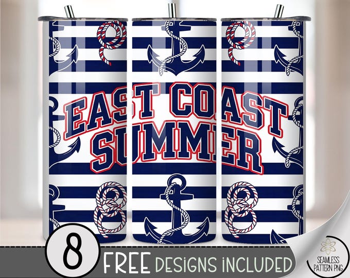 Preppy East Coast Summer 20 oz Tumbler Wrap, Maritime Sublimation Design for Straight Tumblers, Classic PNG Files, Digital Download, B10215