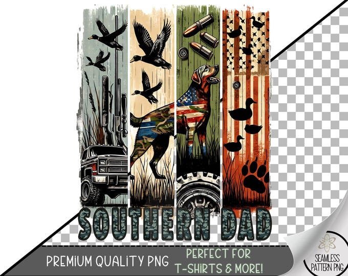Southern Dad PNG Sublimation Design, Duck Hunting Camo Dog and Bullet Art, Patriotic USA Flag Rustic Hunter PNG for Tumblers and Crafts A240