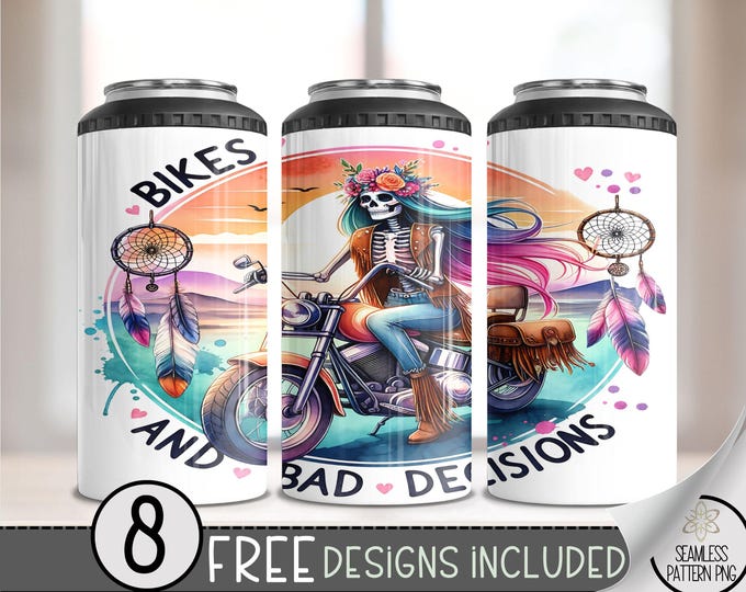 Motorcycle Can Cooler Wrap, Girl Skull 16 oz 4-in-1 Cooler Sublimation, Boho Biker Design File, Bad Decisions Can Cooler PNG Wrap,Hippie PNG
