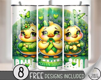 Green Squad Duck Awareness Tumbler Wrap PNG, 20 oz Sublimation Design for Mental Health Support, 20oz Green Ribbon Tumbler File, A379