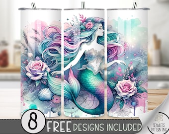Mermaid Tumbler Wrap, Mermaid Sublimation Design, Watercolor Mermaid 20oz Skinny Tumbler Wrap, Under The Sea Ocean Tumbler PNG Summer A180