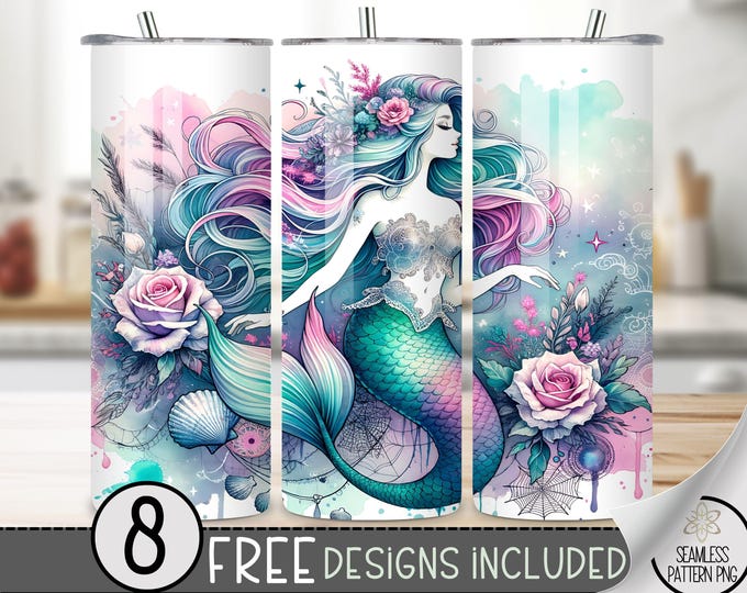 Mermaid Tumbler Wrap, Mermaid Sublimation Design, Watercolor Mermaid 20oz Skinny Tumbler Wrap, Under The Sea Ocean Tumbler PNG Summer A180