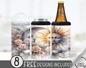 Boho Floral Can Cooler Wrap, Ethereal 16 oz 4-in-1 Cooler Sublimation, Sun & Moon Design, Celestial Can Wrap, Pastel Nature Wrap,Gothic Moth