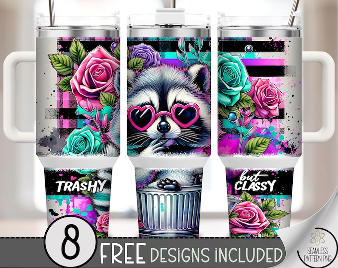 Trashy But Classy Raccoon 40 oz Tumbler Wrap PNG, Funny Floral Trash Panda Design, Edgy Coffee Sublimation for Grunge Skinny Tumblers, A304