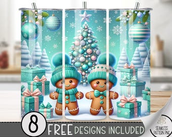 Christmas Gingerbread Tumbler Wrap PNG, 20 Oz Christmas Tumbler Sublimation Design, Teal Holiday Tumbler Wrap, Winter Tumbler Wrap Design