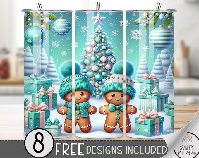 Christmas Gingerbread Tumbler Wrap PNG, 20 Oz Christmas Tumbler Sublimation Design, Teal Holiday Tumbler Wrap, Winter Tumbler Wrap Design