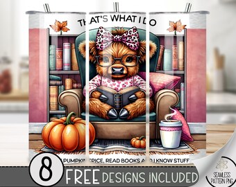 Highland Cow Tumbler Wrap, Book Stack 20 oz Tumbler Sublimation Designs, Pumpkin Spice Cow Tumbler File, Cute Highland Cow Tumbler Design